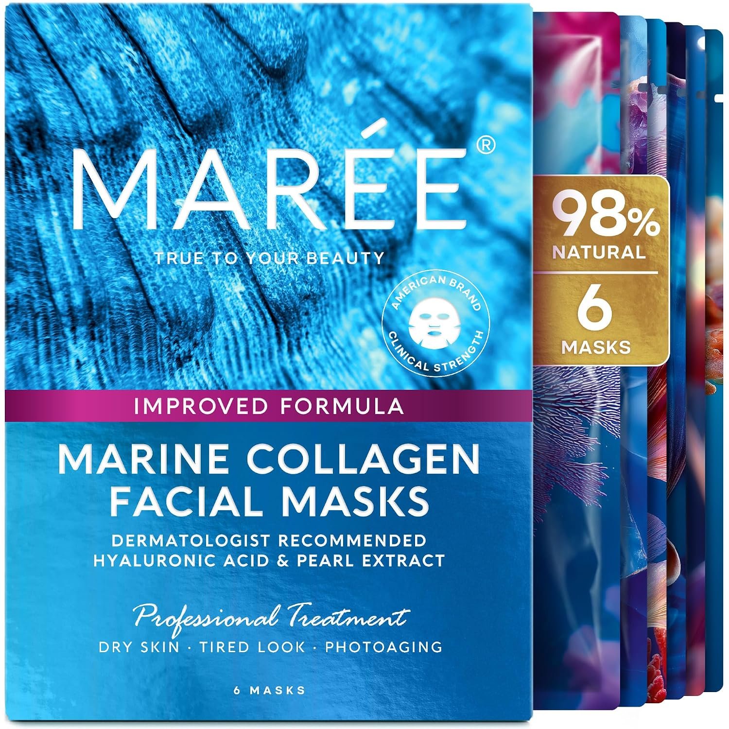 MAREE Collagen Facial Mask with Hyaluronic Acid — Sheet Face Mask Skincare — Centella Asiatica, Green & Red Algae Extract — Hydrating Facemask For Women Skin Care — Mascarillas Para La Cara — 6 Count