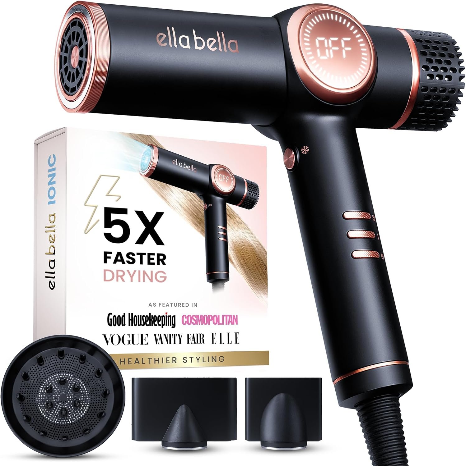 ELLA BELLA® Ionic Hair Dryer with Diffuser – Negative Ion Blow Dryer, Quiet