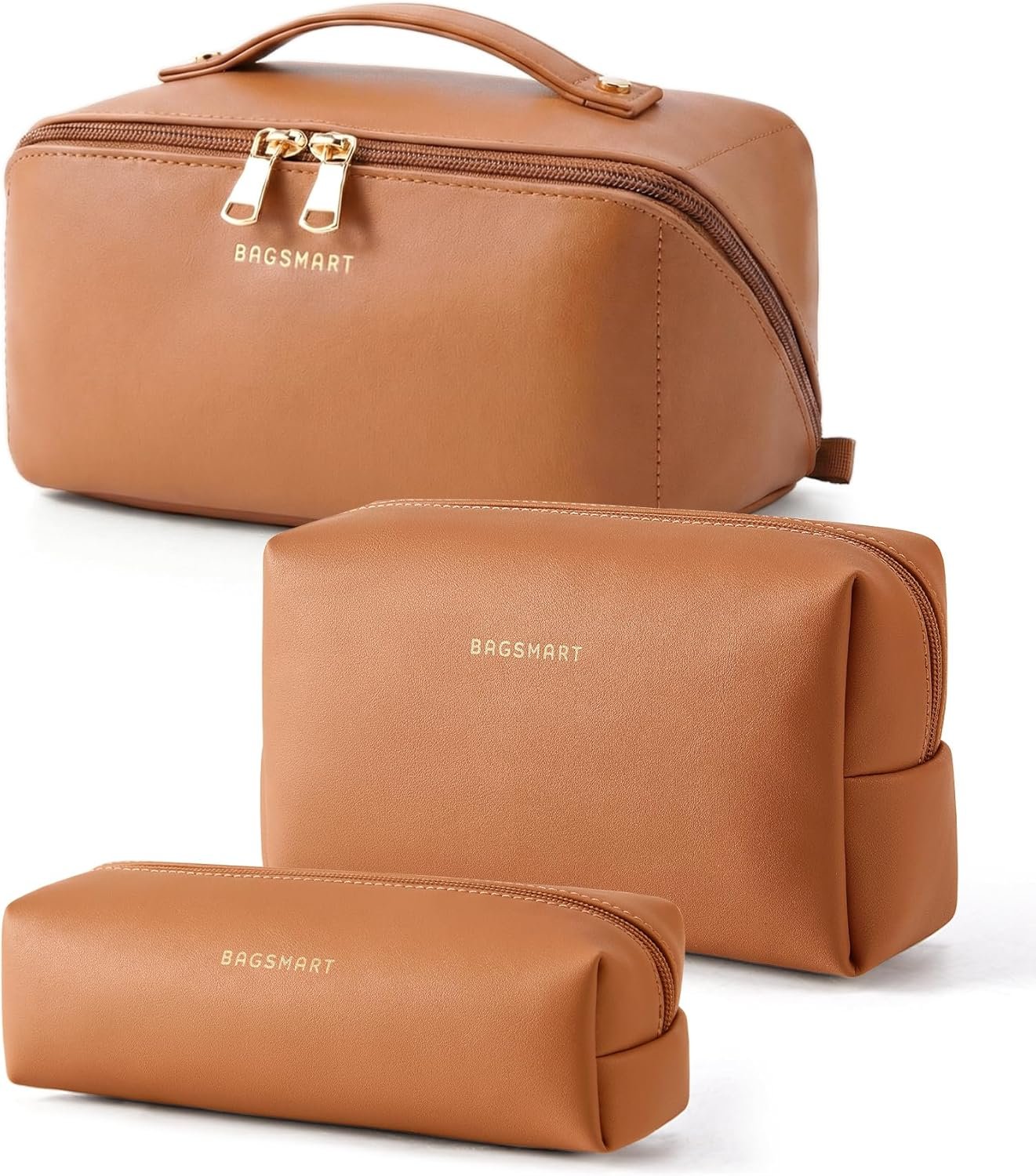 BAGSMART Makeup Bag Travel 3 Pcs Set Cosmetic Toiletry Bag,Classic Brown | 3 Pcs Set Large Make Up Bag Flat Open for Women, PU Leather Travel Essentials Organizer, Wide-open Pouch for Skincare,Brushes