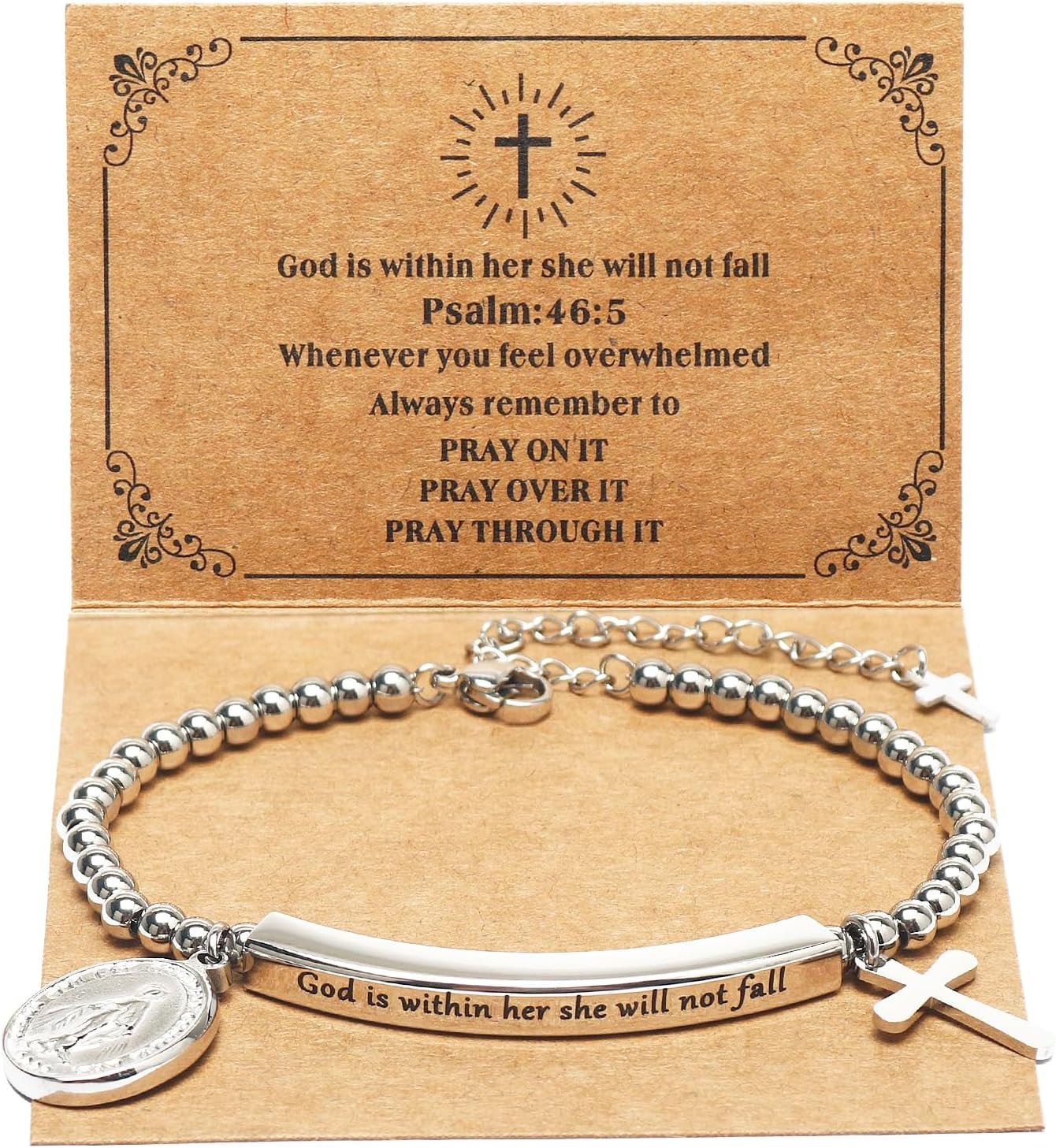 DS Women Christian Charm Bracelet,Cross Scripture Stainless Steel Jewelry