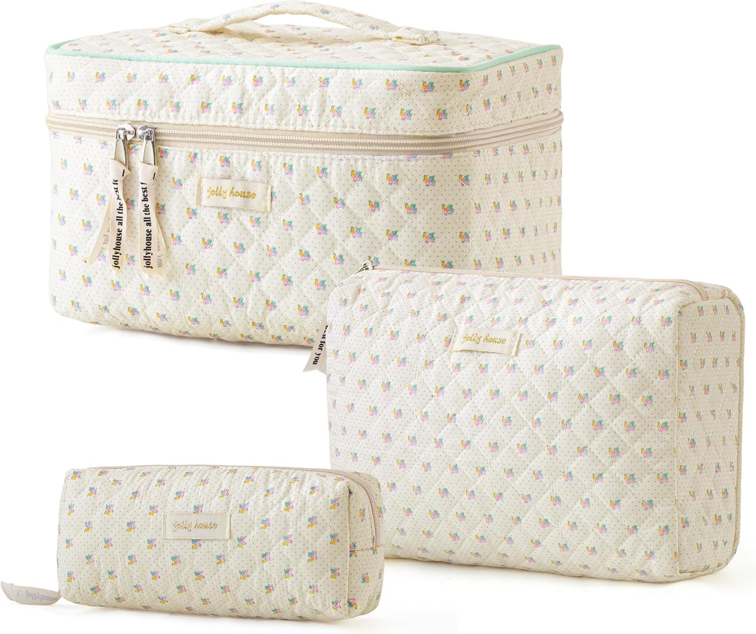 HBselect Quilted Makeup Bag, 3Pcs Cotton Large Travel Makeup Bags Organizer