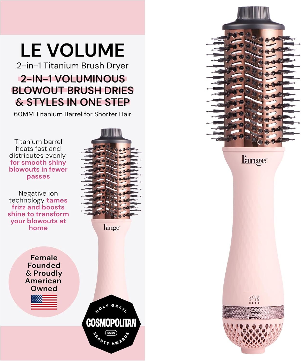 L’ANGE HAIR Le Volume 2-in-1 Titanium Blow Dryer Brush | Frizz Control Blowout Hair Dryer Brush for Drying and Styling | Volumizing Hot Air Styler for All Hairstyles | Oval Barrel | Blush – 60mm