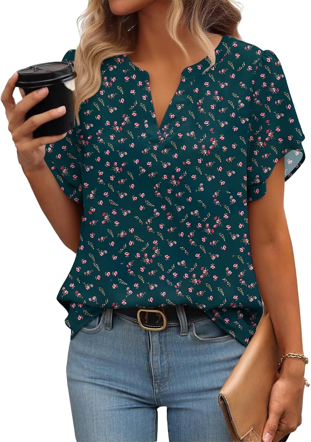 Zeagoo Womens Dressy Casual Chffon Shirts Short Sleeve V Neck Work Blouse
