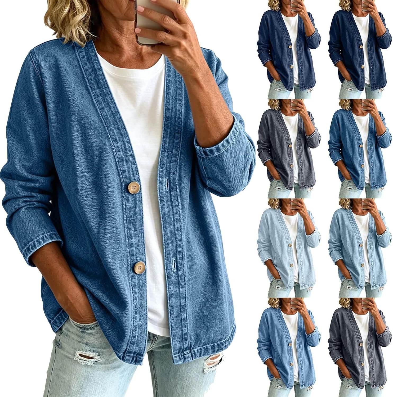 Denim Jackets For Women Trendy Button Front Classic Denim Jacket Relaxed Fit Lightweight Long Sleeve Jeans Cardigan Coat
