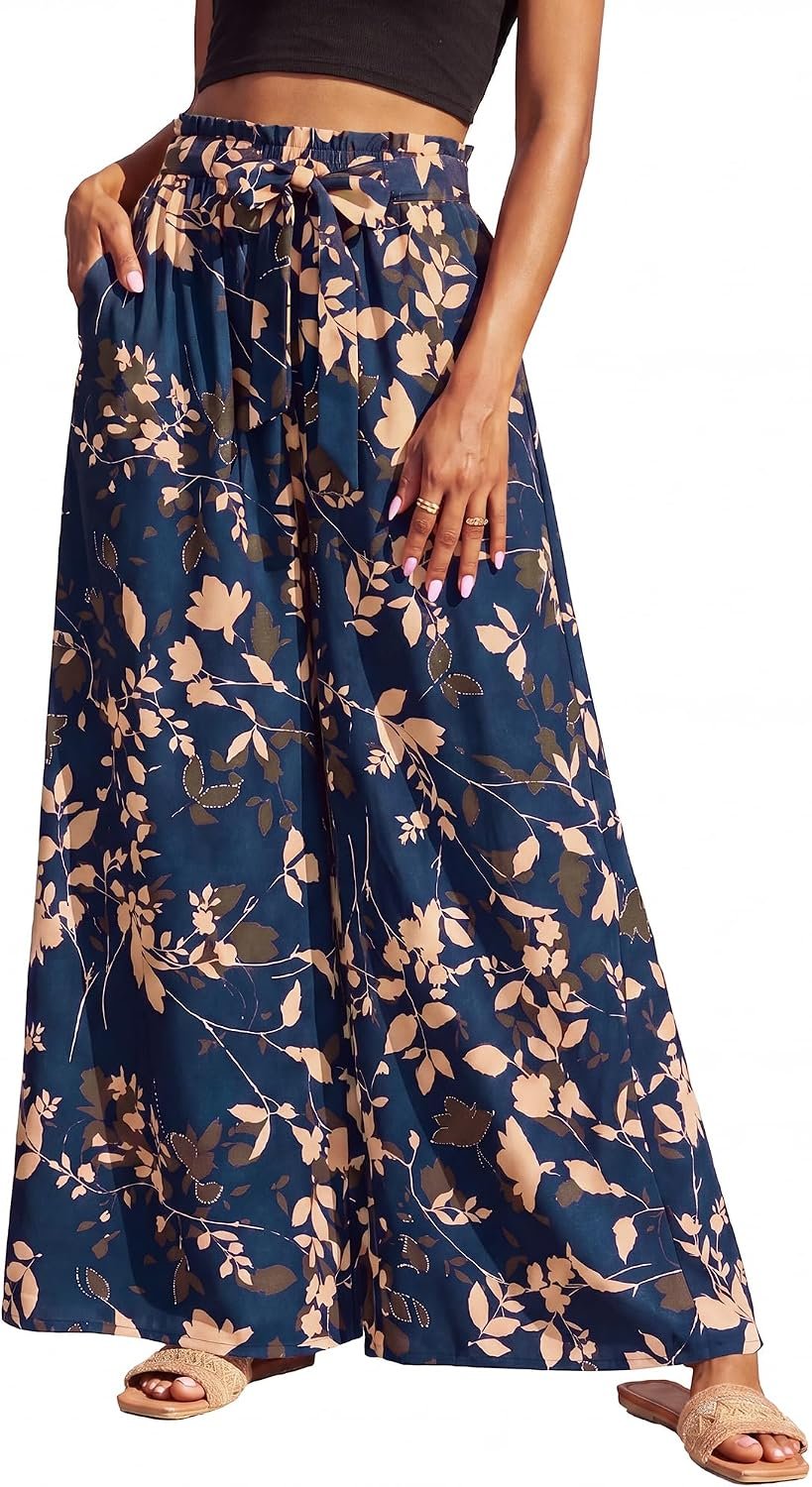 Bsubseach Women’s Flowy Wide Leg Palazzo Pants Summer Floral Casual Pants