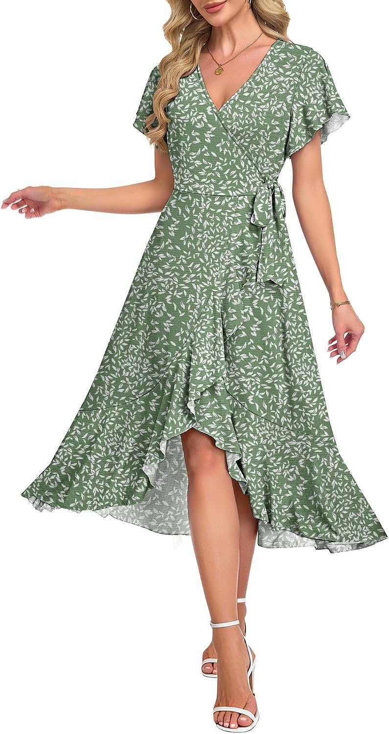 AUSELILY Women Summer Midi Dresses Wrap Short Flutter Sleeve Elegant Dress