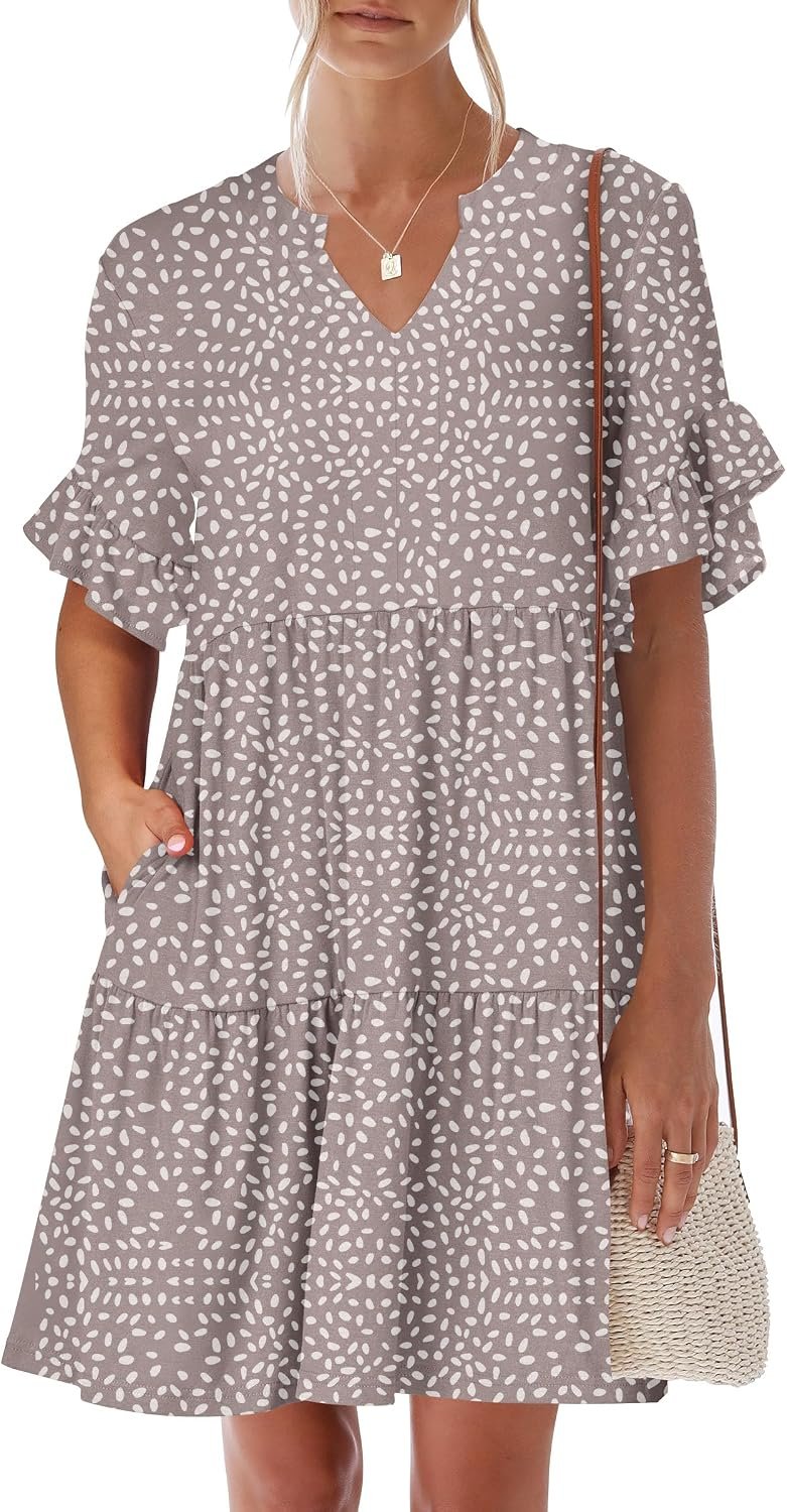 ANRABESS Women’s Summer Casual Dress, V-Neck Ruffle Sleeve Tiered Mini Dress, Soft Comfy Fabric with Pockets for All-Day Wear