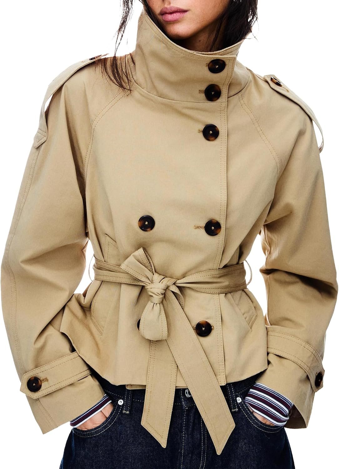 Women’s Cropped Trench Coat Double Breasted Short Jacket High Collar Fall Winter Coats Trendy Outfit with Belt