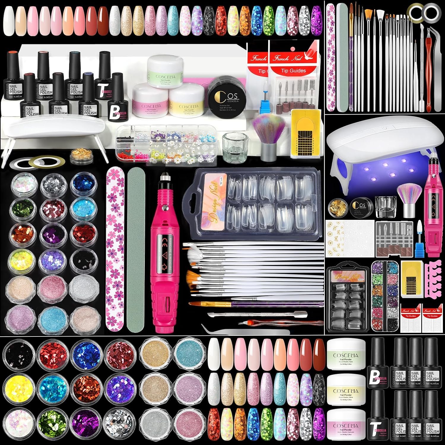 COSCELIA Acrylic Nail Kit for Beginners with Everything Professional Acrylics Powder 6pcs Gel Nail Polish 18pcs Glitter Decoration Powder Nails Kit Acrylic Set with Drill Light Gifts for Women