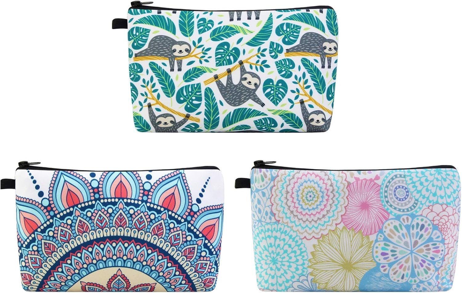 MAGEFY Makeup Bag 3 Styles Portable Travel Cosmetic Bag for Women Flower Patterns Small Toiletry Bag Sloth Gifts for Women Makeup Pouch with Black Zipper Pouch (3 packs)
