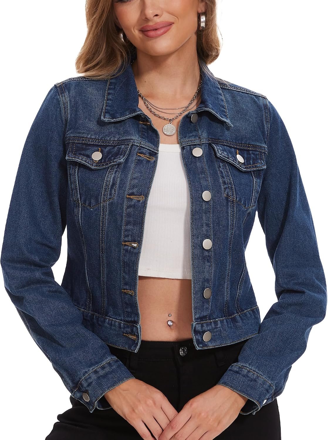 andy & natalie Women’s Denim Jackets Cropped Long Sleeve Basic Button Down Crop Jean Shacket with Pockets