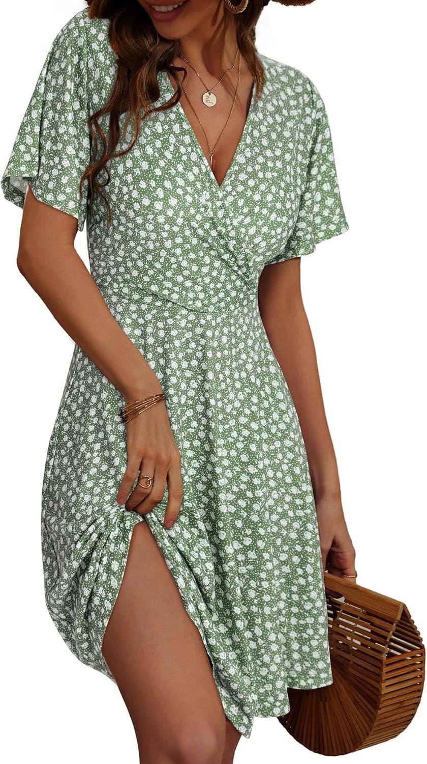 FENSACE Women Sundress Summer Wrap V Neck Flowy Midi Dress