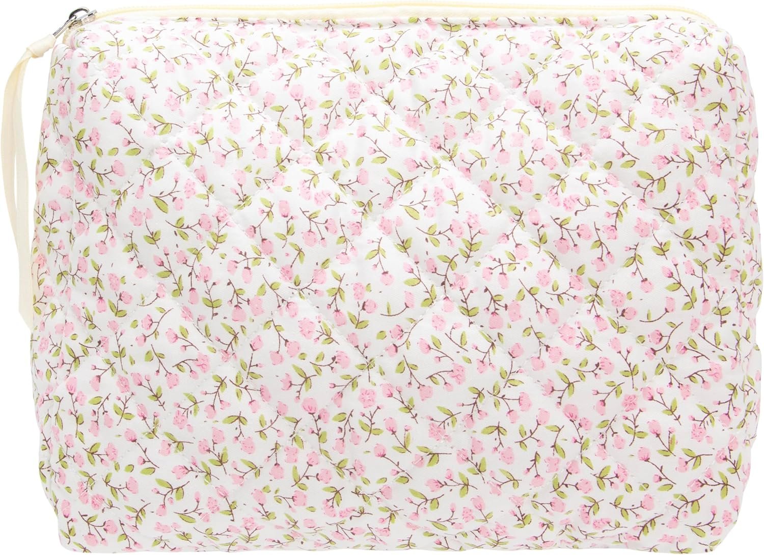 Quilted Makeup Pouch for Women, Travel Cosmetic&Toiletry Bag,Floral Pink