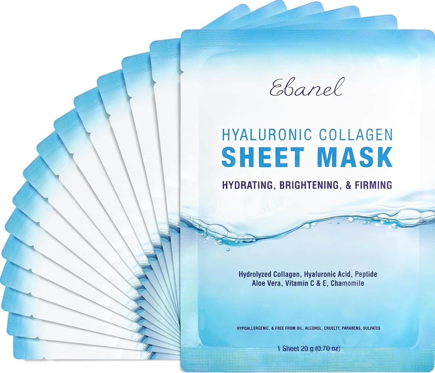 Ebanel 15-Pack Collagen Face Mask with Hyaluronic Acid, Vitamin C, Peptide
