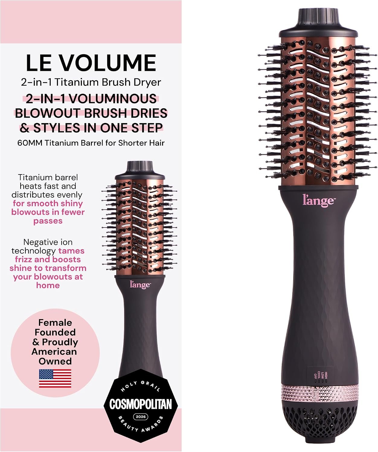 L’ANGE HAIR Le Volume 2-in-1 Titanium Blow Dryer Brush | Frizz Control Blowout Hair Dryer Brush for Drying and Styling | Volumizing Hot Air Styler for All Hairstyles | Oval Barrel | Black – 60mm