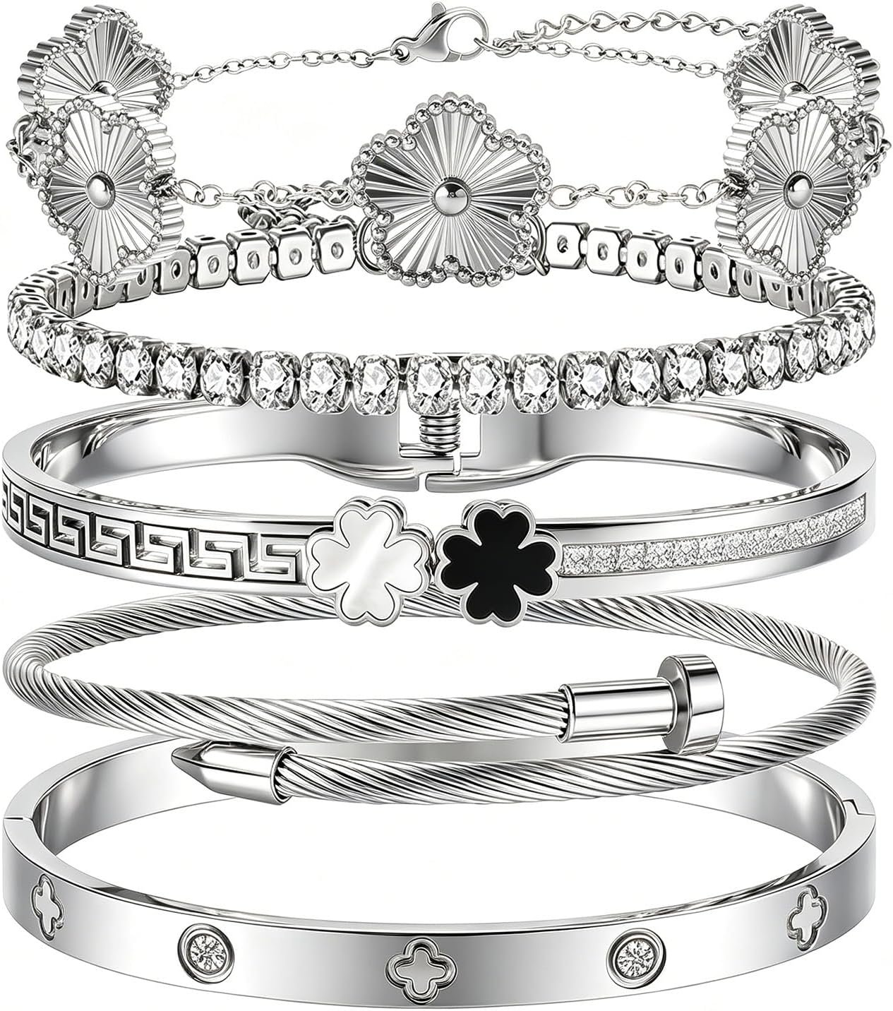 Camhanno Silver Bangle Bracelets for Women – Stainless Steel Stackable Bangles Non-Tarnish Clover Lucky Charm Bracelets, Trendy Gift for Girlfriend/Wife on Christmas Valentine’s Birthday
