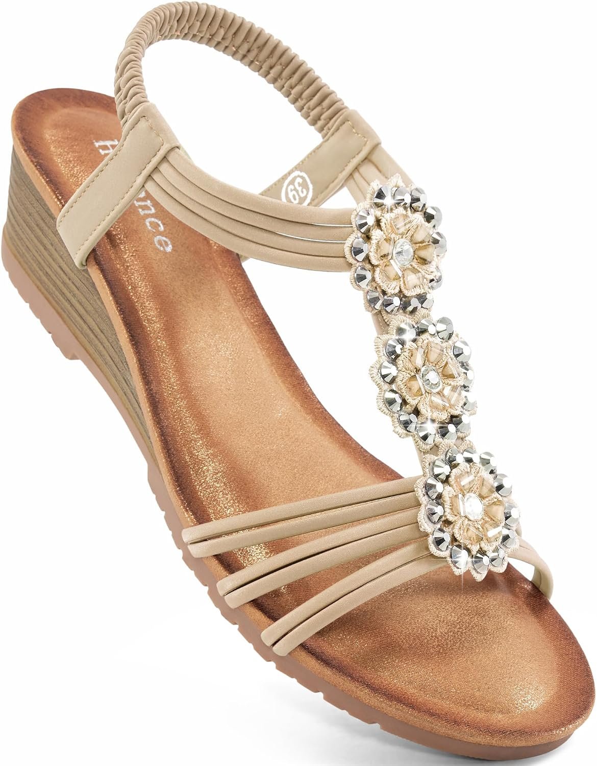 HARENCE Womens Wedge Sandals Dressy: 1.88” Heel Soft Cushion Floral Rhinestone Strap & Elastic Slingback – All-Day Comfort Summer Platform Sandals for Vacation Wedding