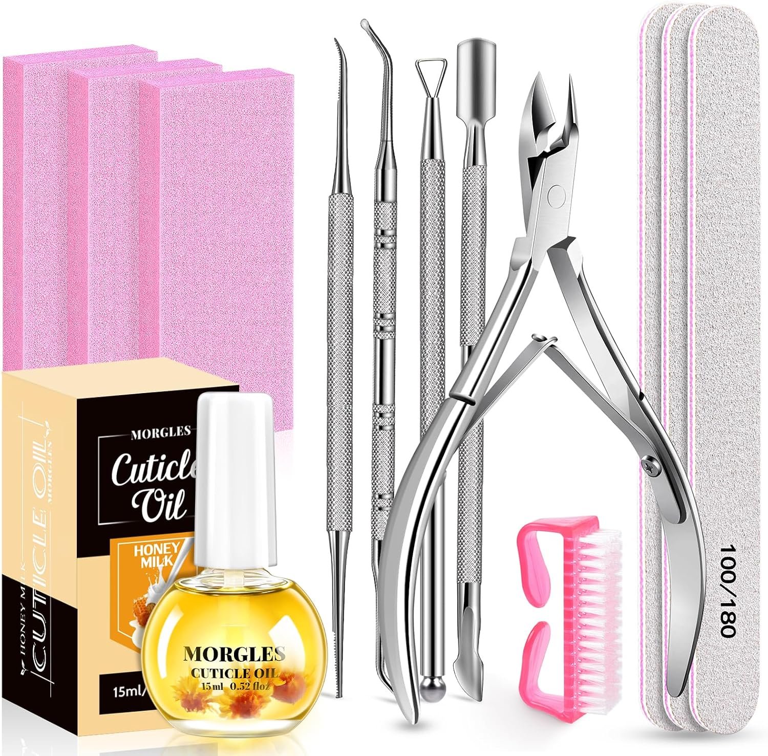 MORGLES Nail File and Buffer Blocks with Nail Care Kit | 13 Pcs Manicure Kit for Women, with Milk and Honey Cuticle Oil, Cuticle Trimmer Set