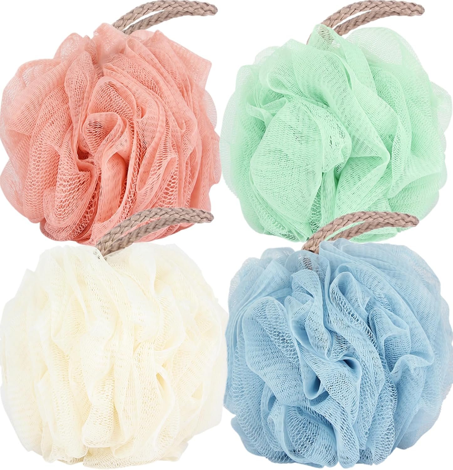 Loofah Sponge Shower Loofahs 4 Colors Bath Sponges Body Scrubbers | Mesh Balls 60g Luffa for Rich Lather Exfoliating Wash Back Scrubber Bathroom Men Women 4 Pack Cleaning Bathing Accessories
