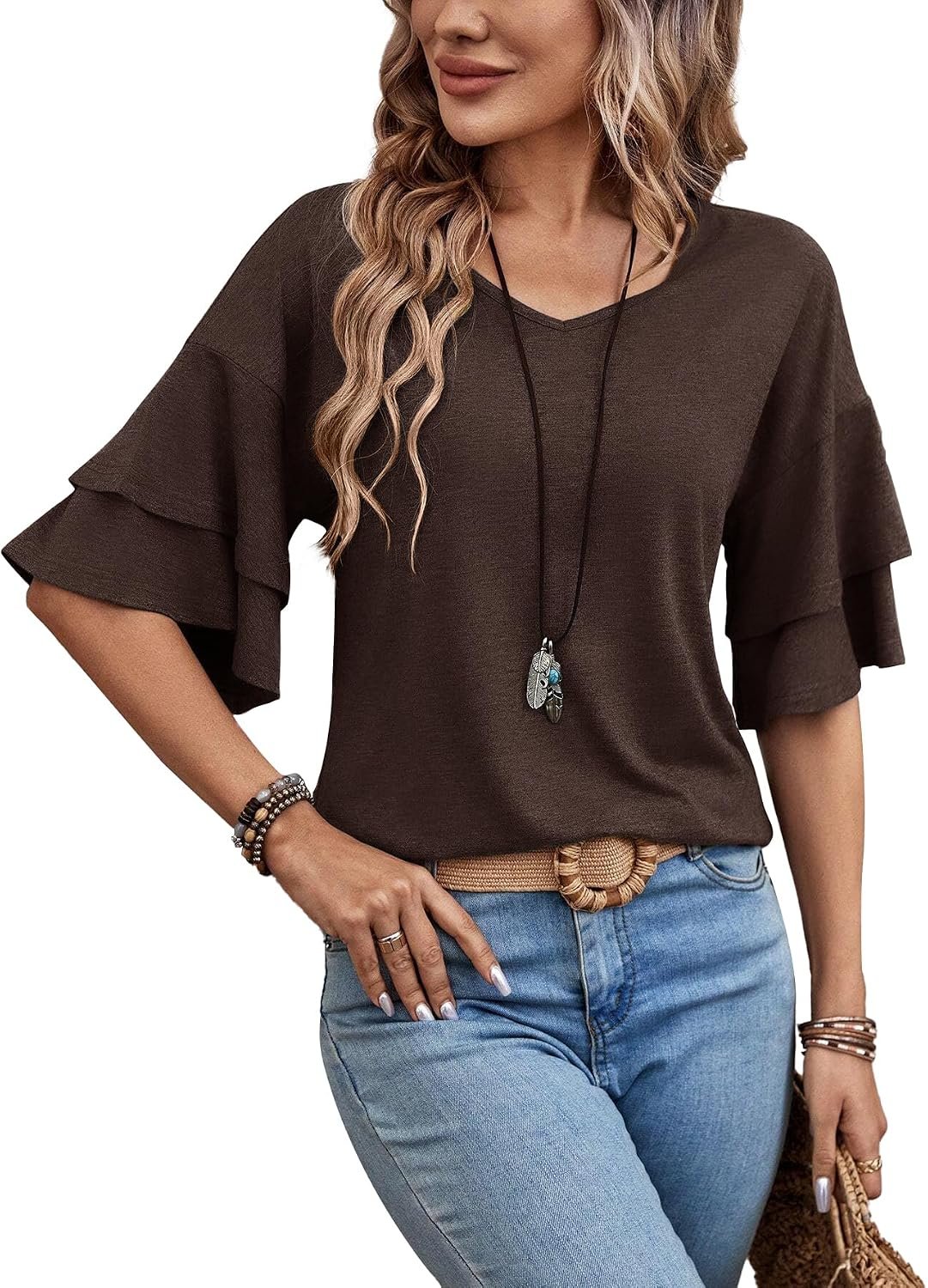 Sialois 3/4 Length Sleeve Tops Womens Blouses Ruffle V Neck Shirts Casual Tunic Spring Fall Clothes