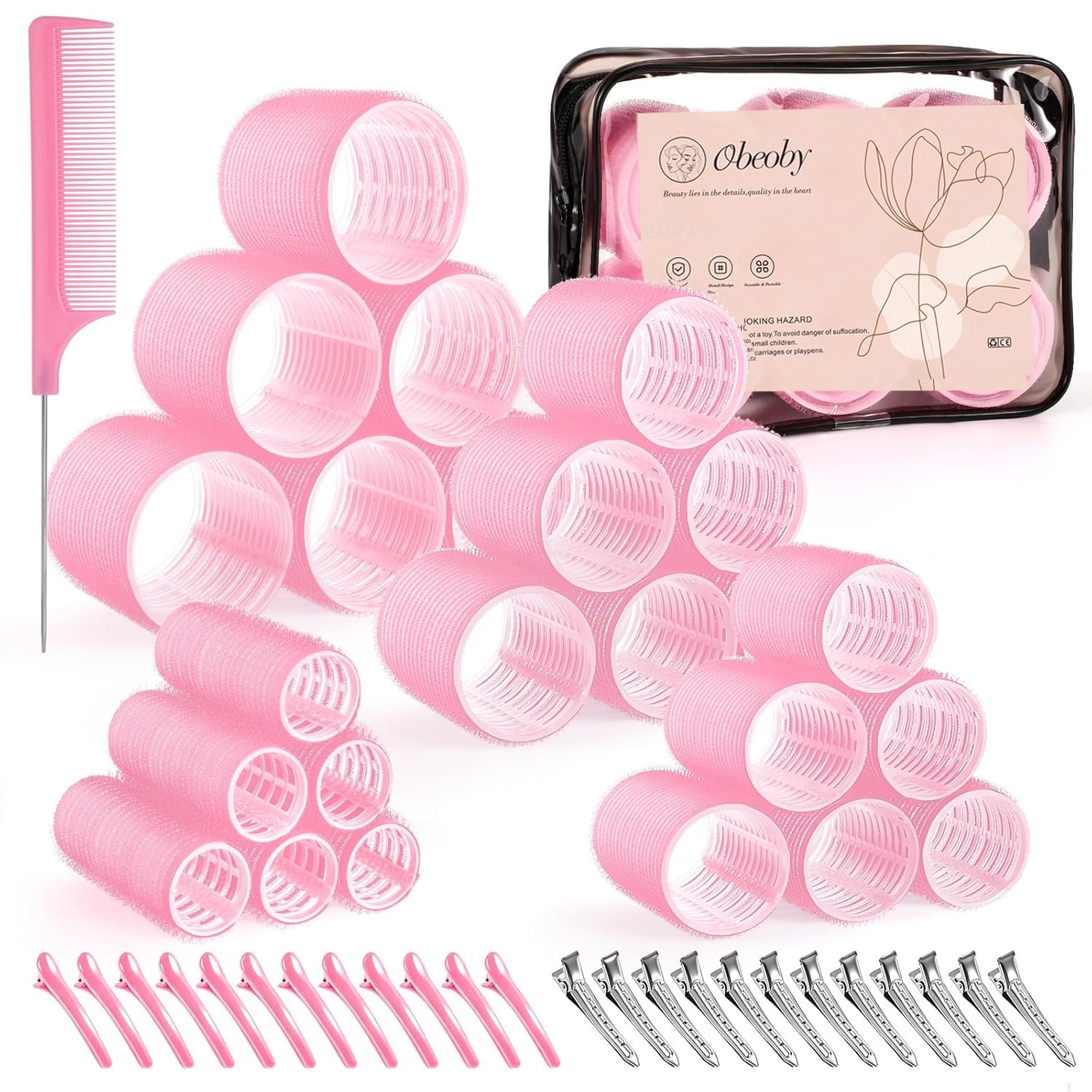 4 Sizes Self-Grip Hair Rollers Set for Long, Short Hair and Bangs – 50 Pcs with Clips (25mm, 36mm, 48mm, 60mm), Pink