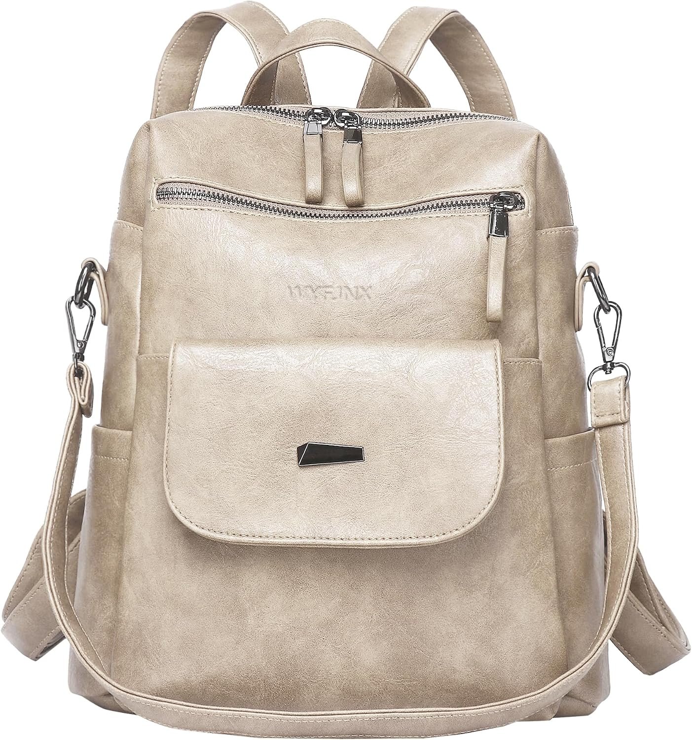 WYFJNX PU Leather Small Backpack Purse for Women Ladies Beige