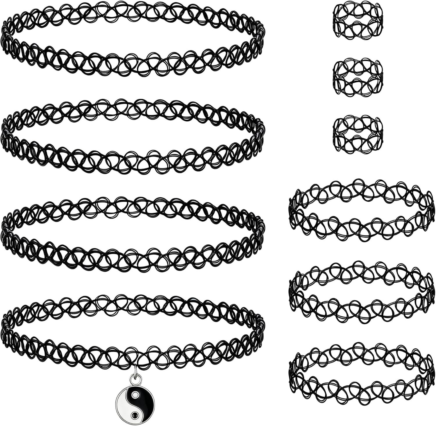 10PC 90s Tattoo Choker Necklace Bracelet Women, Retro Y2K Emo Accessories ﻿ | Black Stretch, Grunge, Alternative, Gothic, 10pcs, Yin Yang