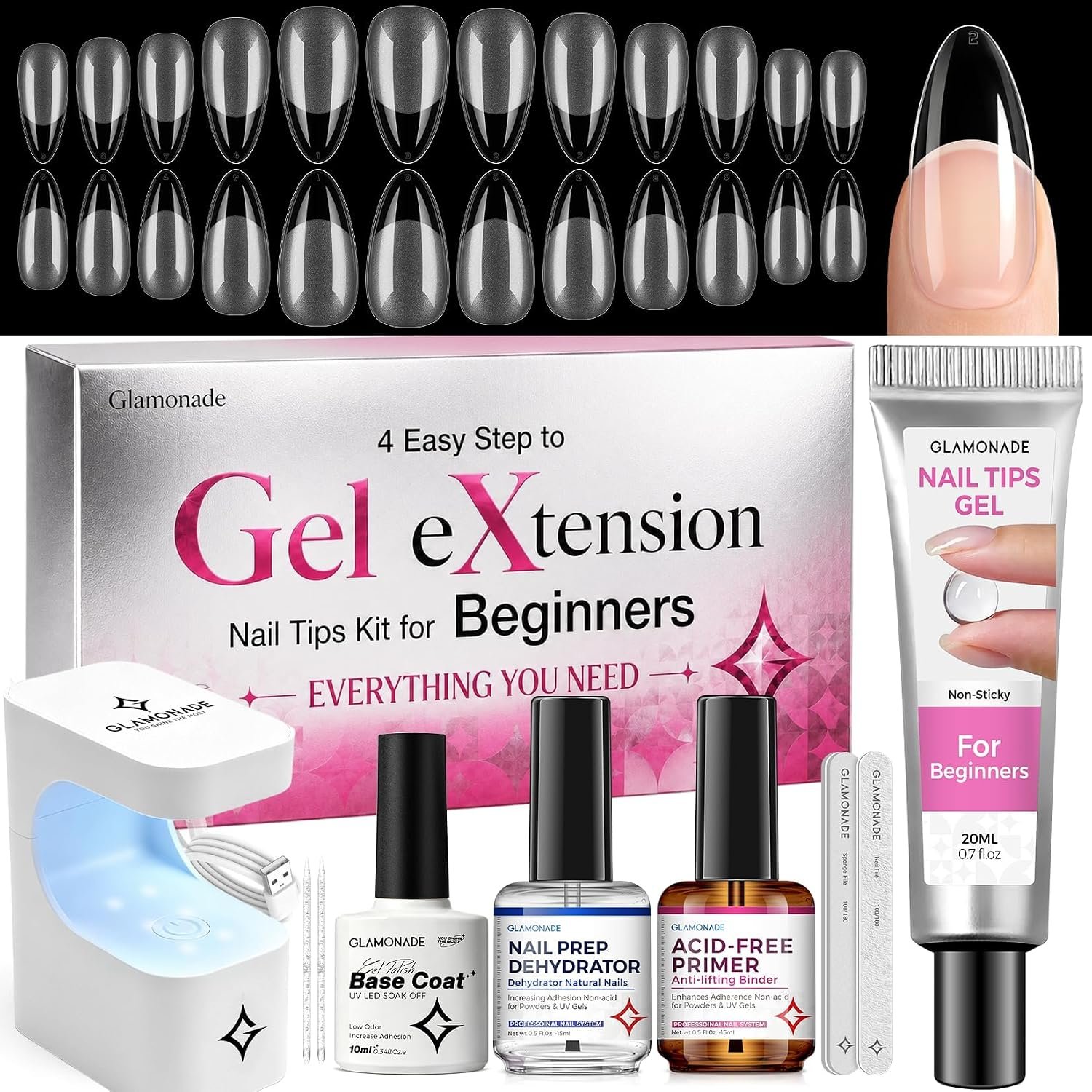 Glamonade Nail Extension Starter Kit: Medium Almond 504Pcs Gel Tips Set