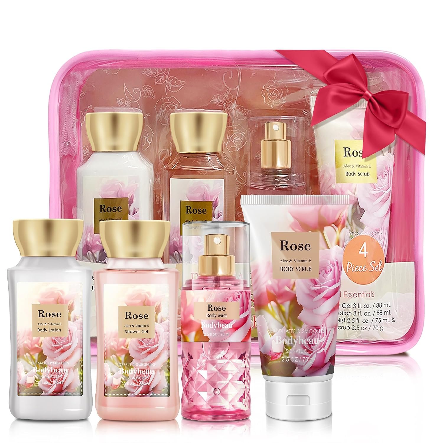 Rose Spa Gift Set For Women – 4PCS Luxury Bath and Body Kit with Shower Gel, Body Scrub, Lotion & Body Mist – Portable Travel Size Self Care Gift for Mom, Wife, Teens, Friends or Her