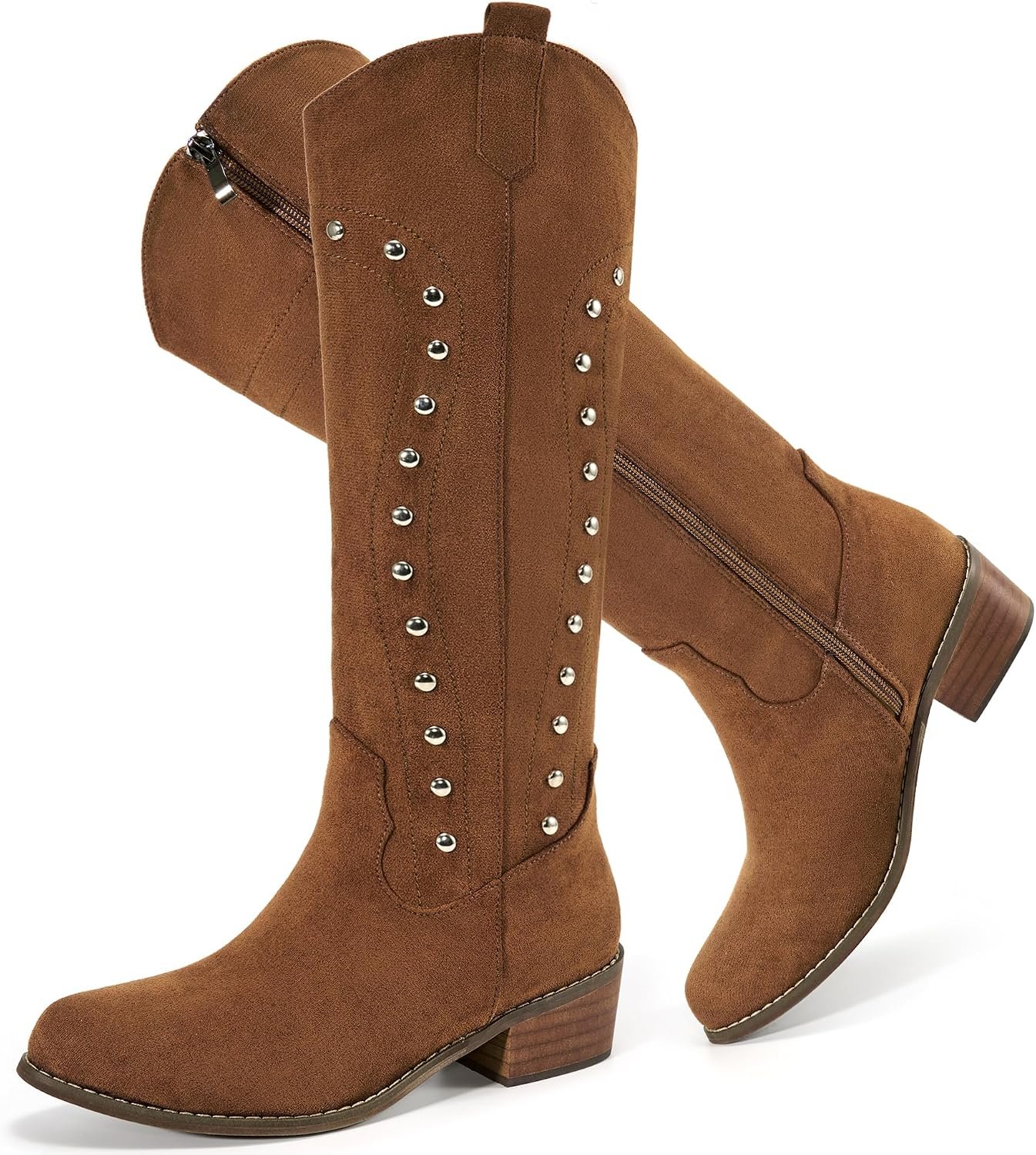Alicegana Western Cowboy Boots for Women – Knee High Wide Calf Suede Cowgirl Boots Comfortable Slip On Zipper Pointed Toe Chunky Heels Tall Boot for Fall Winter