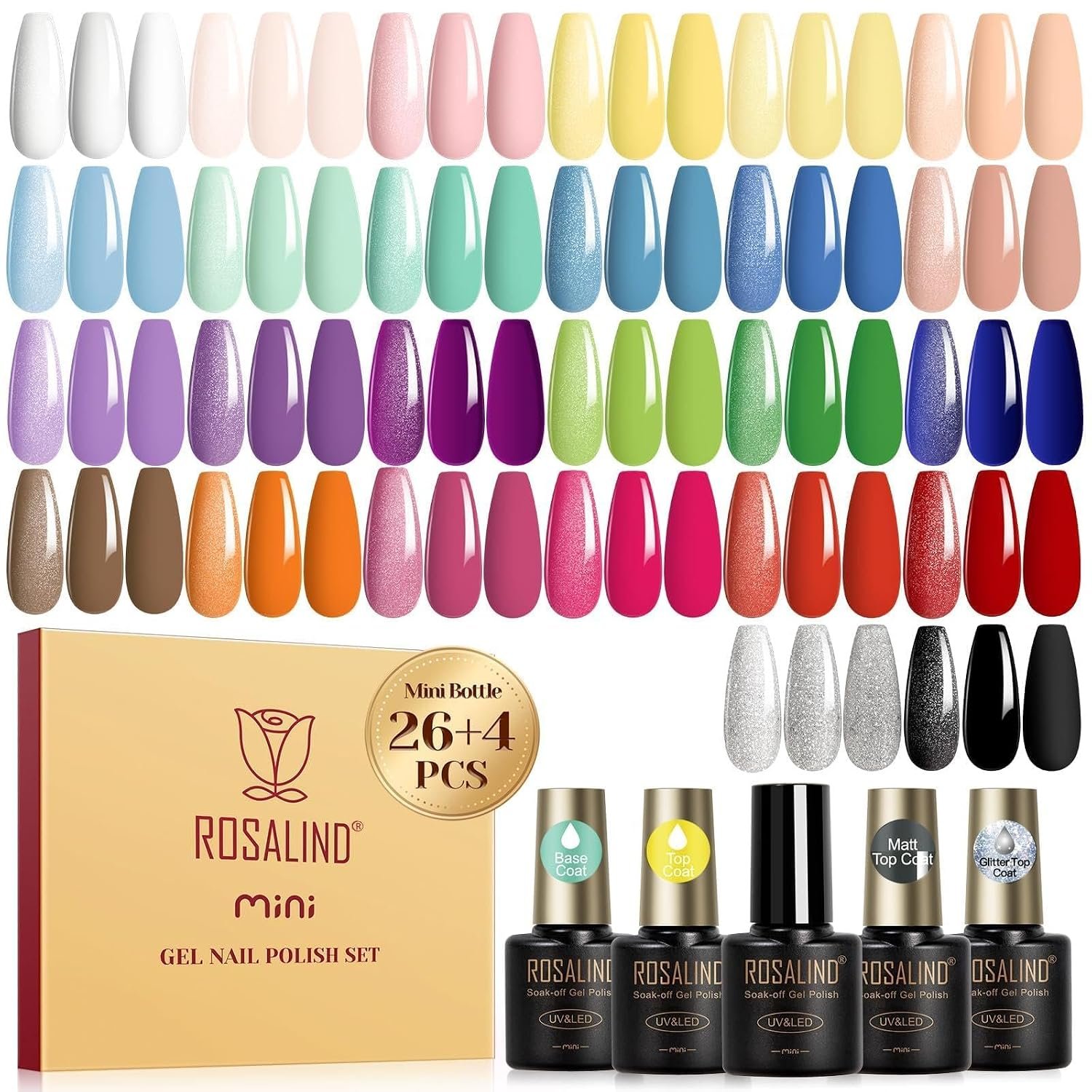 ROSALIND 30pcs Pastel Gel Nail Polish Set with Base Coat and Gel Top Coat