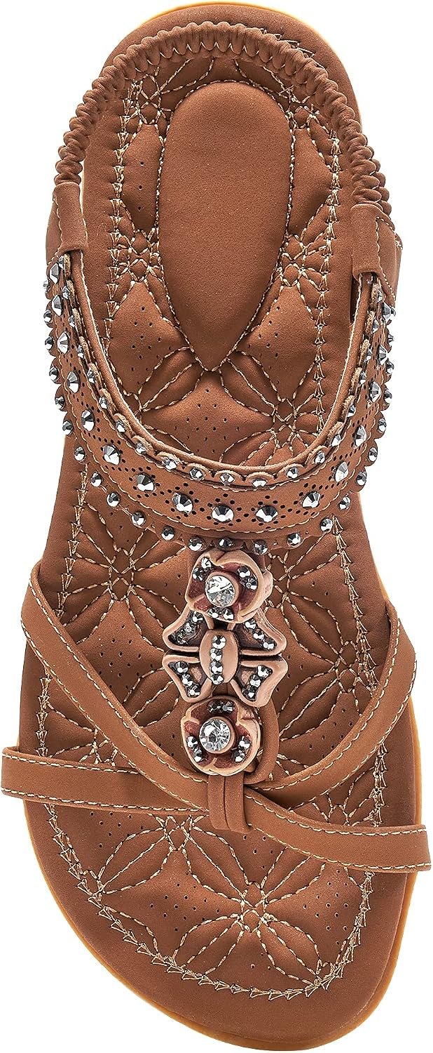 Alicegana Dressy Womens Sandals Summer: Comfortable Jeweled Bohemian Flats Sandals Women for Vacation & Wedding – Casual Walking Woman Shoes with Elastic Ankle Strap