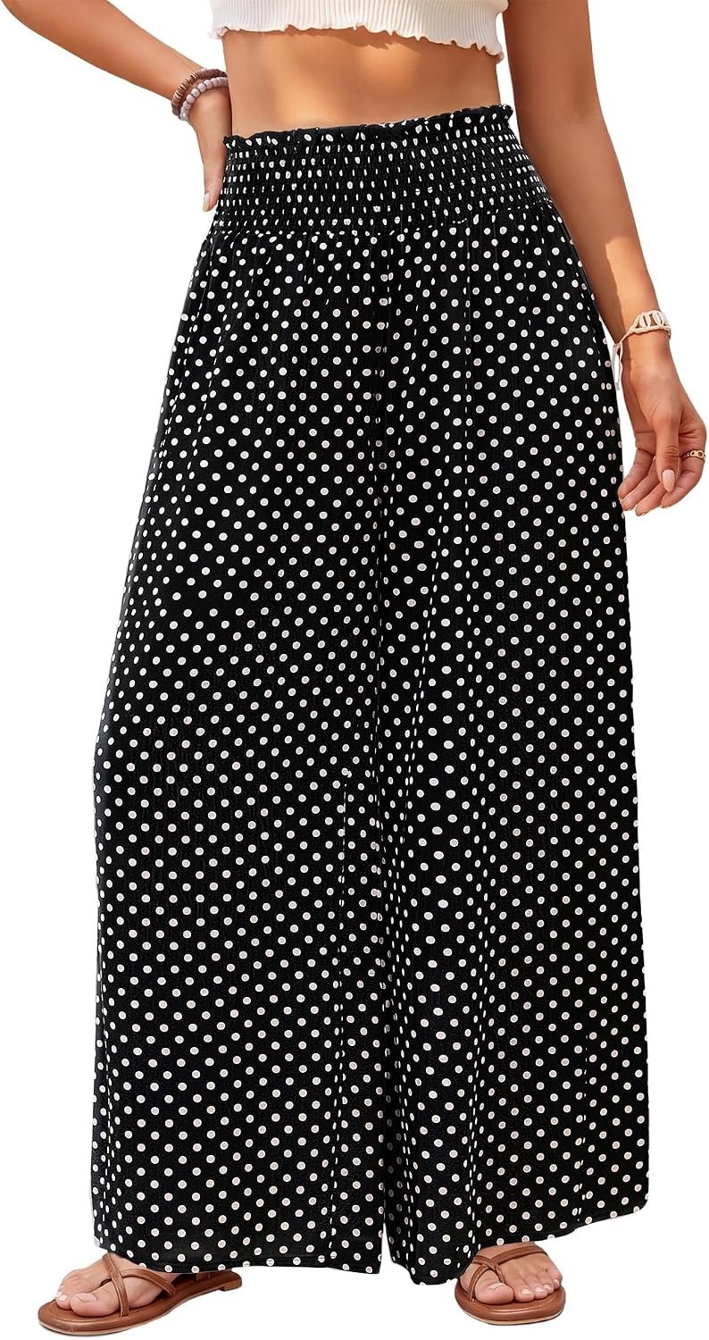 Bsubseach Womens Flowy Wide Leg Palazzo Pants Summer Polka Dot Casual Pants