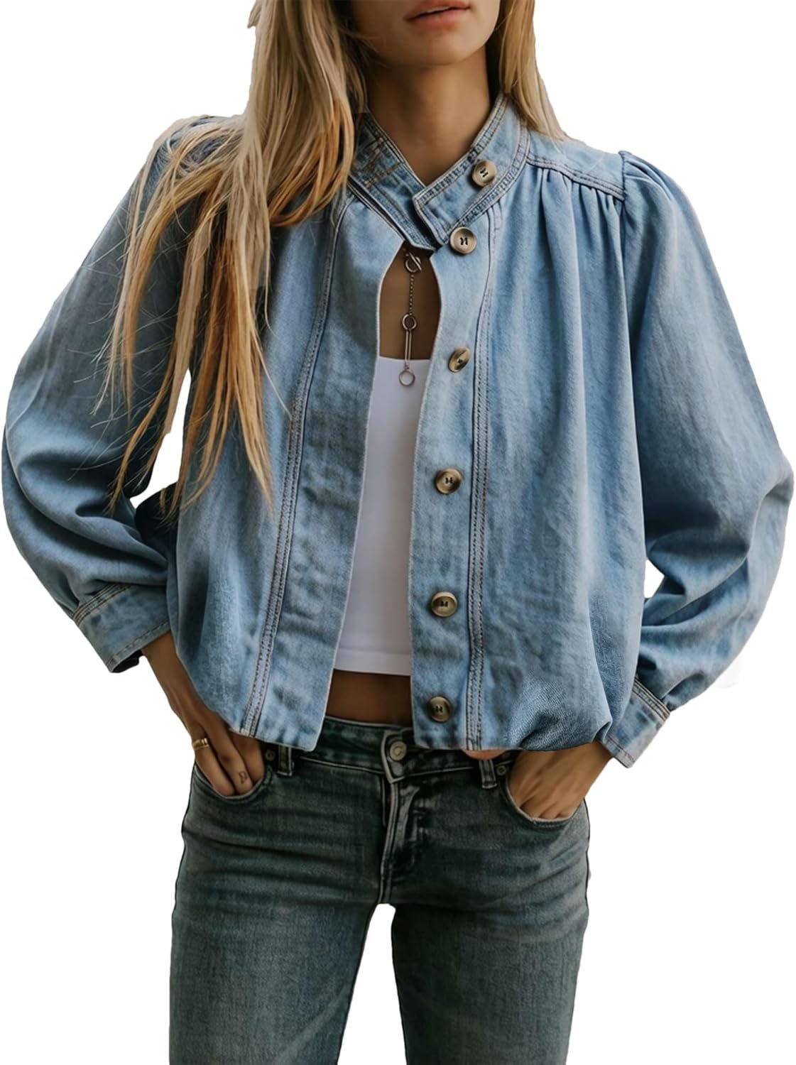 Lumister Women’s Denim Jacket with Puff Sleeves Button Down Jean Top Outfit Casual Vintage Shacket for Women