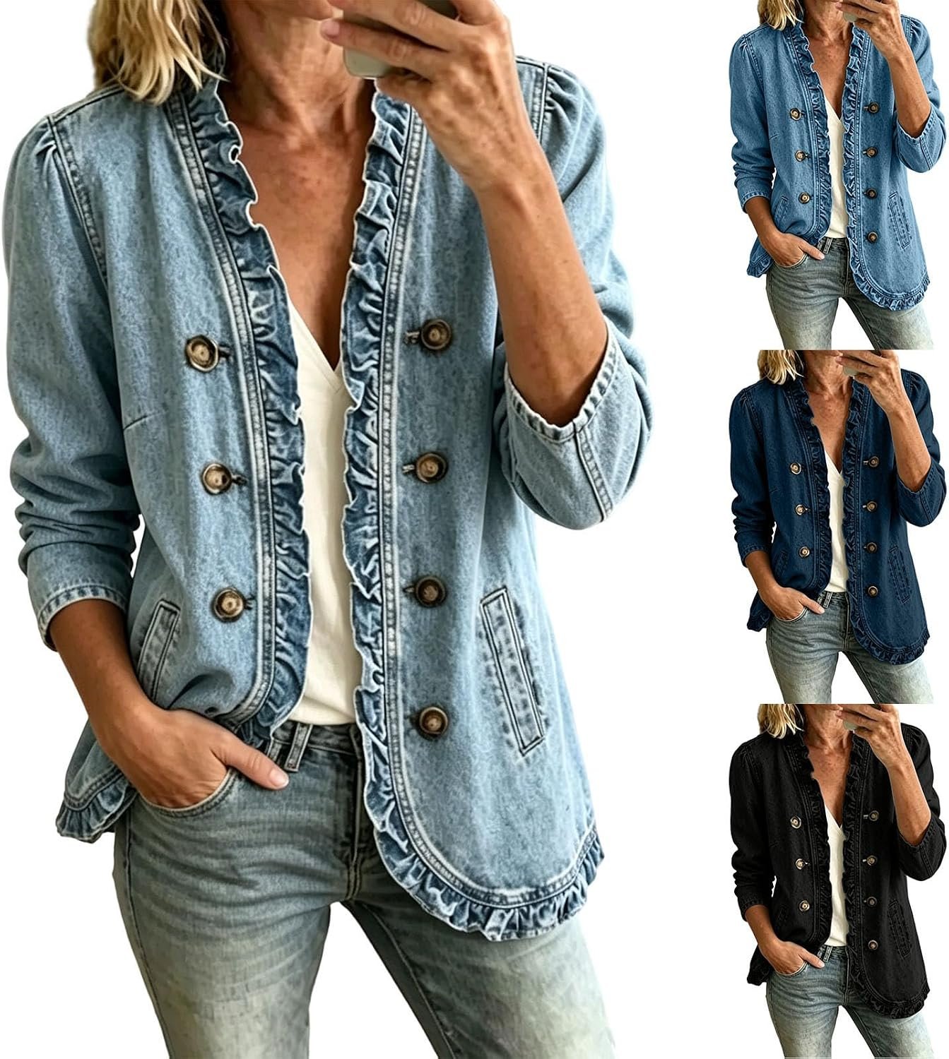 Denim Jacket for Women Ruffle Trim Long Sleeve Button Down Vintage Western Jean Coat V Neck Casual Fall Outerwear