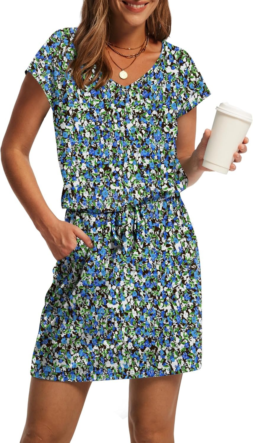 OFEEFAN Summer Dresses for Women 2026 V Neck T Shirt Casual Mini Dresses Tie Waist Sundresses with Pockets