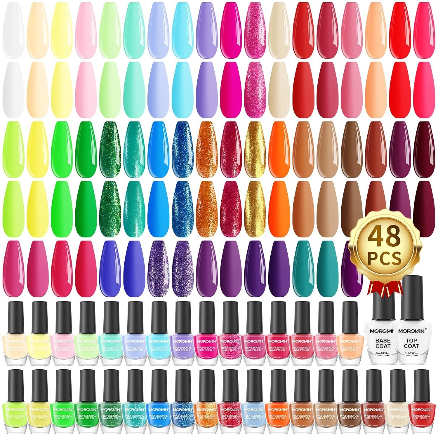 Morovan Nail Polish Set Fingernail: 48PC Air Quick Dry Nail Polish Kit with 2PC Base Top Coat Regular Nail Pack Finger Nail Bulk Gift for Women Girls