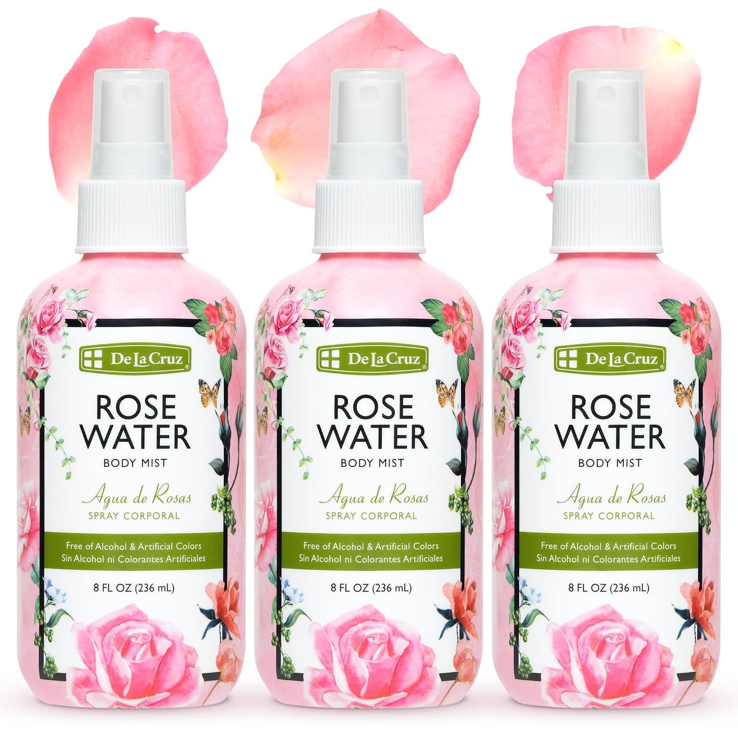 De La Cruz Rose Water for Body & Hair, 8 fl. oz Spray (3 Pack)
