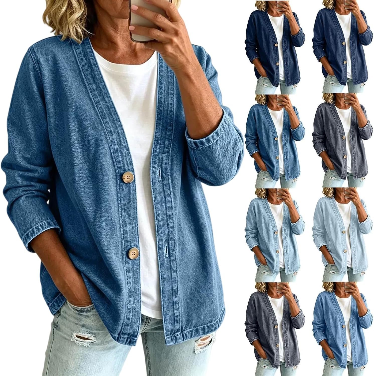 Womens Denim Jacket Relaxed Fit 2026 Lightweight Casual Breathable Stretch Button Front Long Sleeve Cardigan Coat
