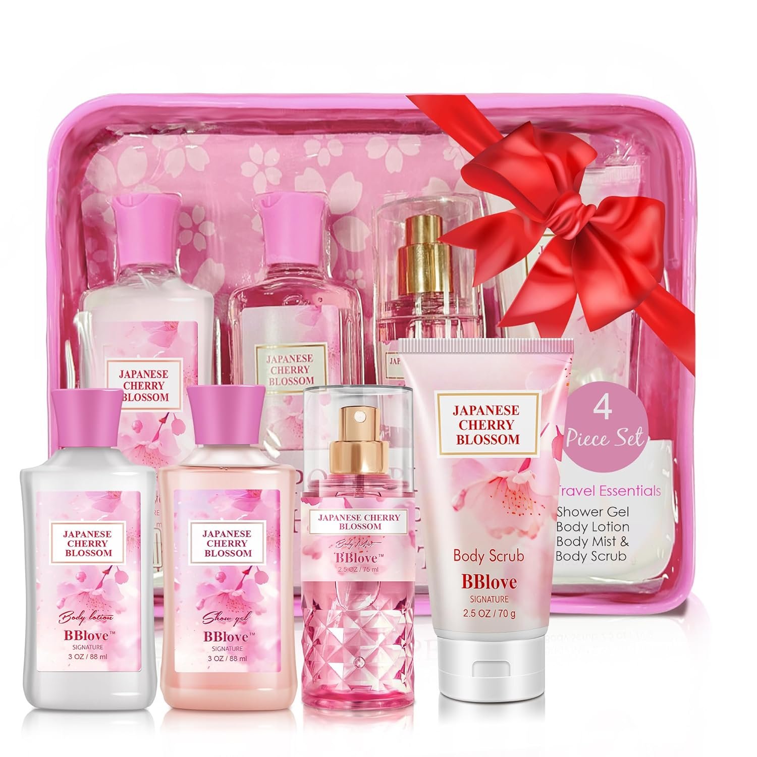 Beautifier Life Bath and Body Gift Set for Women and Girls,Japanese Cherry Blossom,4PCS Set for-Shower Gel,Body Lotion,Body Mist,Exfoliating Scrub,Body Care Travel Set for Birthday Mother’s Day Gifts
