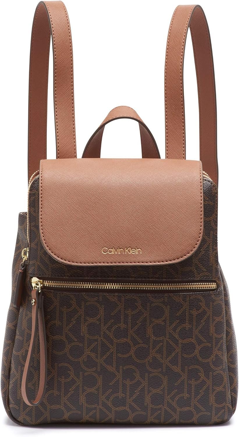 Calvin Klein Women’s Elaine Signature Key Item Flap Backpack, Brown/Khaki/Luggage Saffiano, One Size