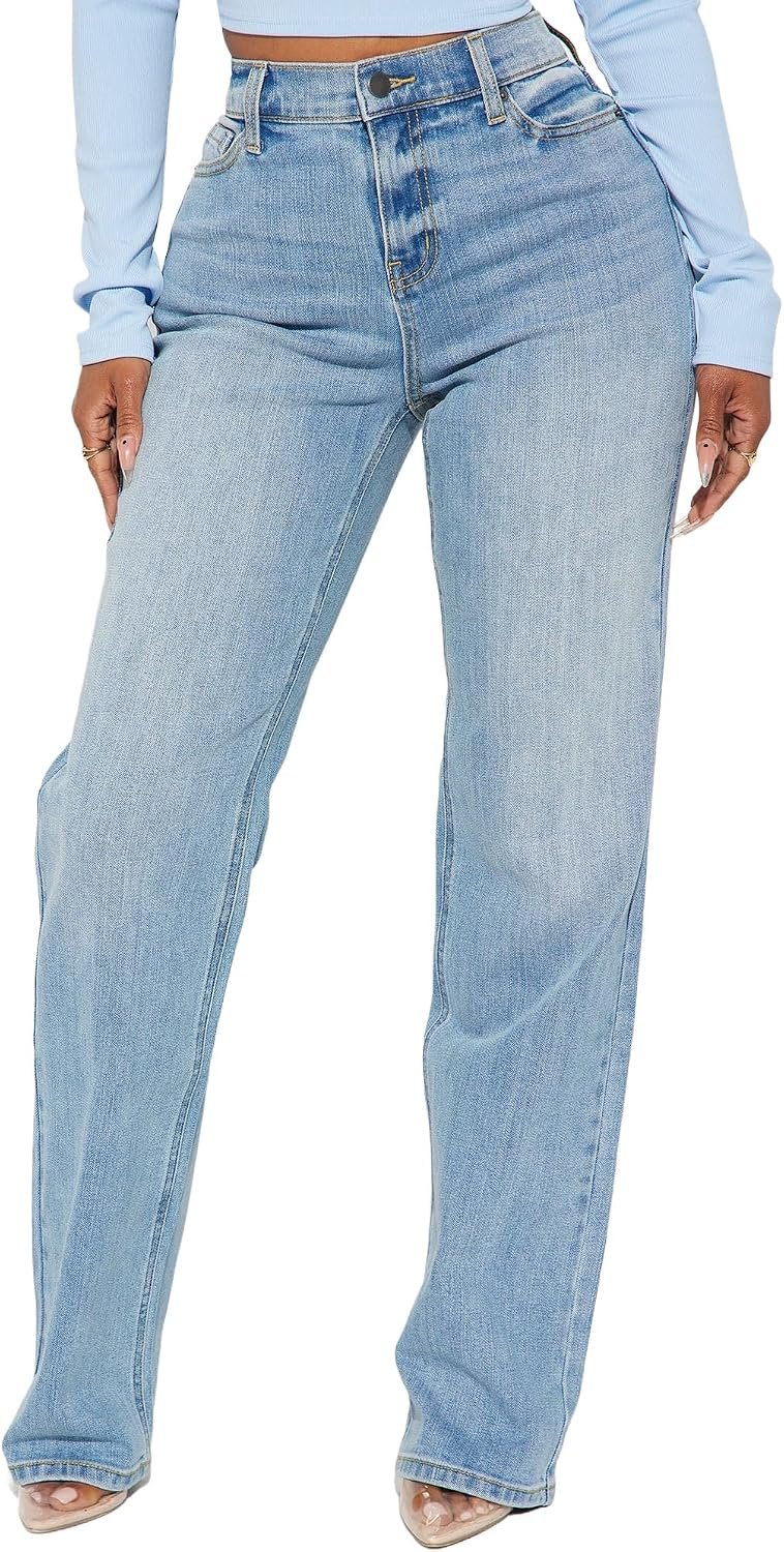 BessCops Straight Leg Jeans for Women High Waisted Wide Leg Stretchy Loose Denim Pants
