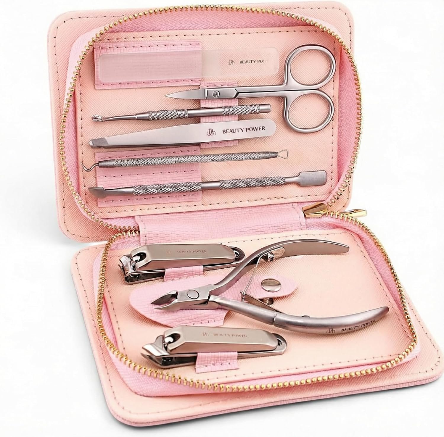 Beauty Power 9 in 1 Professional Manicure Pedicure Set – Stainless Steel Nail Clippers, Nano File, Cuticle Nipper, Scissors, Tweezers, Travel PU Leather Case for Men & Women – Gift Idea – Pink