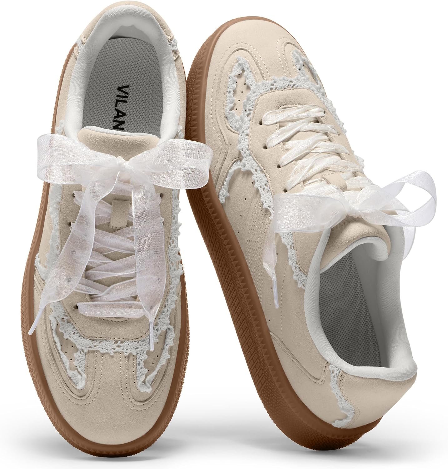 Vilanva Women’s Lace Detail Fashion Sneakers Comfortable Casual Dress Sneakers with Retro Gum Sole Walking Trendy Footwear