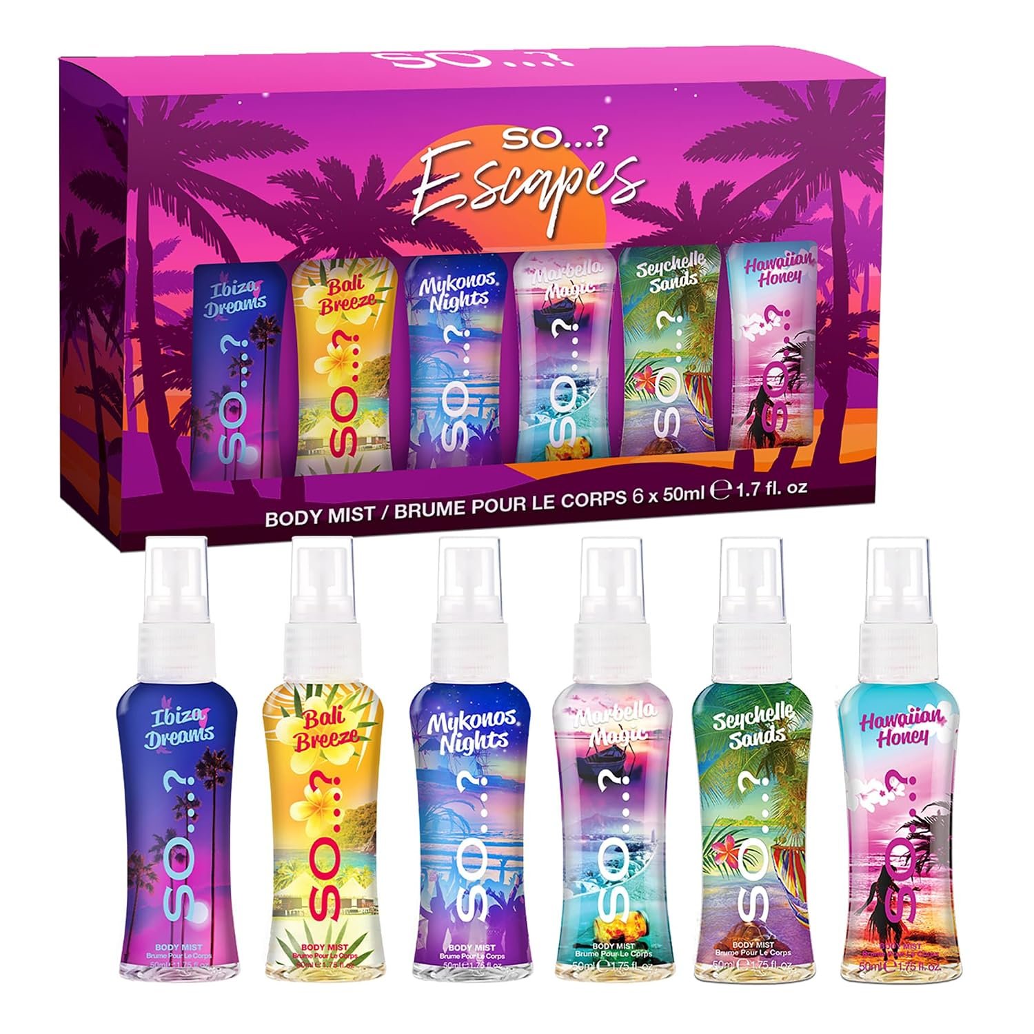 So…? Escapes Body Mist Set – Perfumes for Women – Everyday Body Spray for Women – Vegan, Cruelty Free Fragrances – Travel Size Gift Set – 6 pcs