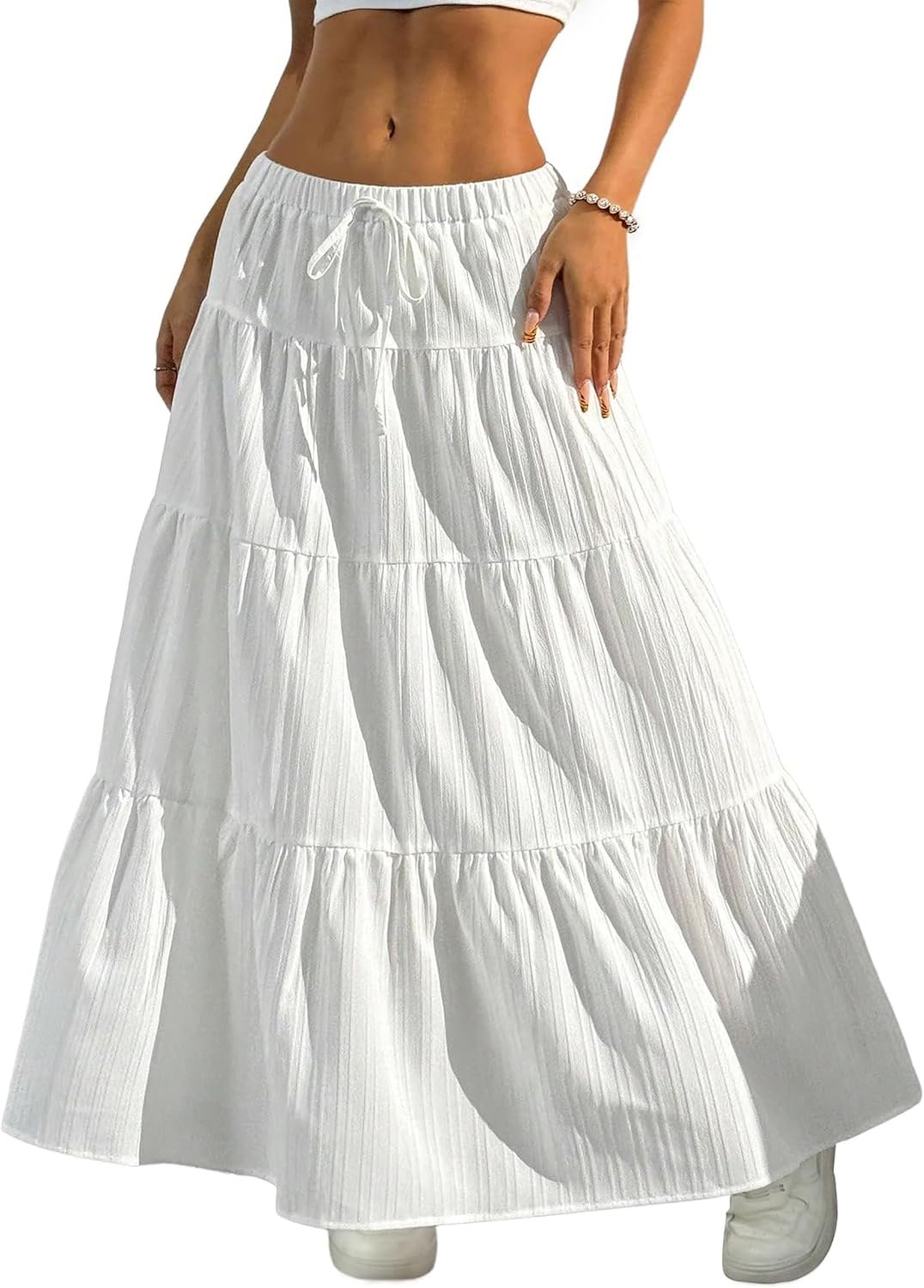 DERAX Women’s Boho Flowy White Maxi Skirt Ruffle Elastic Waist Long Skirts