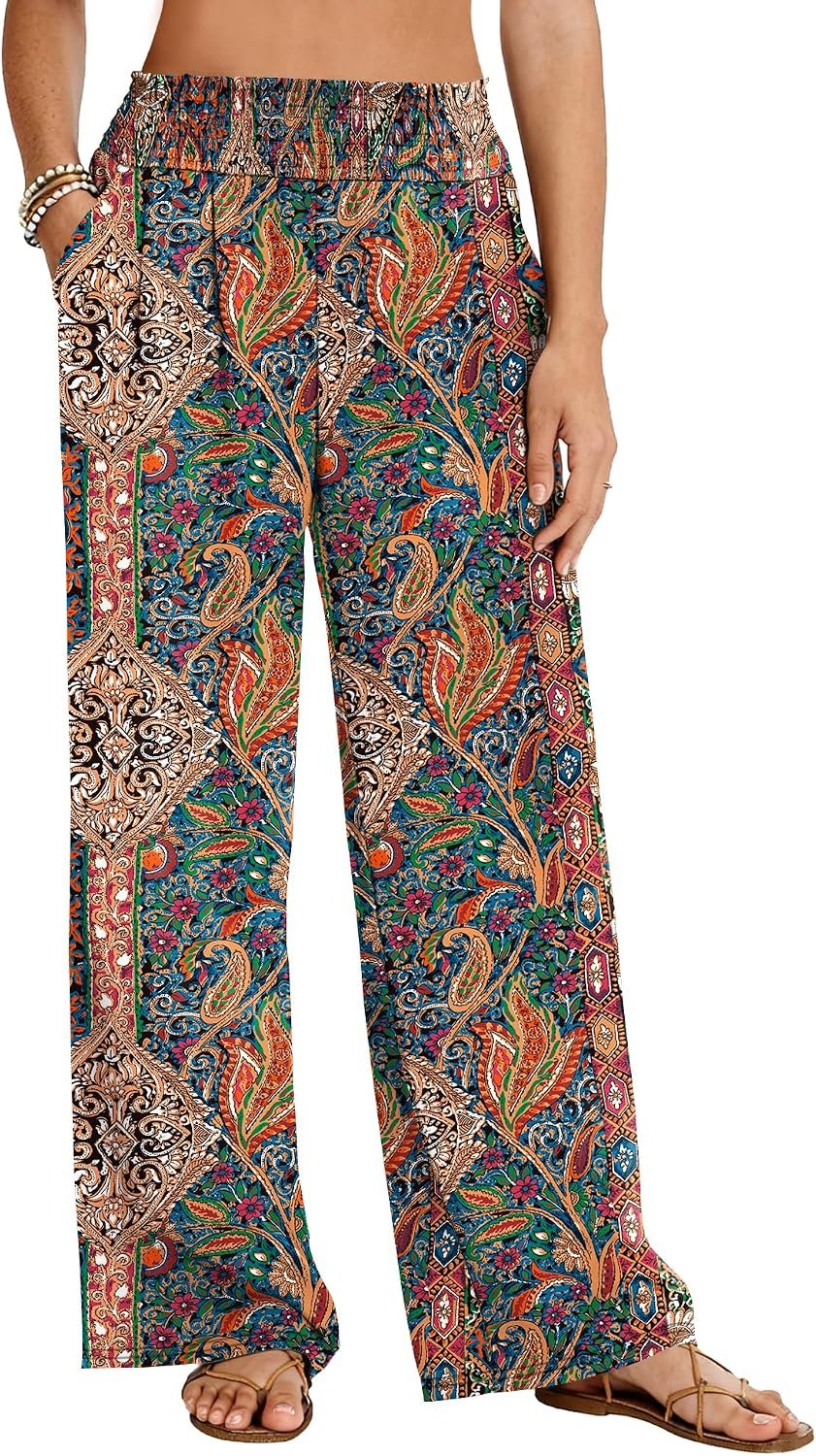 LOMON Palazzo Pants for Women Casual Wide Leg Flowy Pants Beach Vacation Clothes Elastic Waist Boho Trousers with Pockets