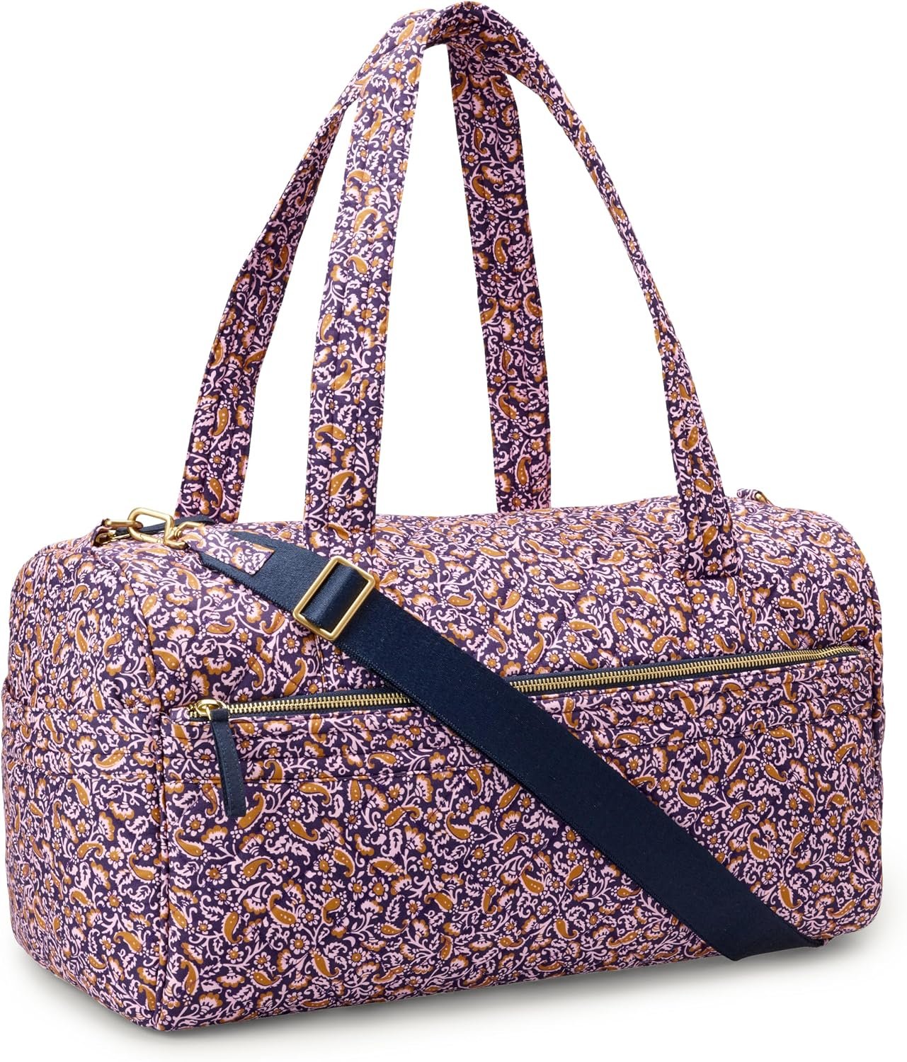 Amazon Essentials Women’s Quilted Weekender Duffel Gym Bag with Trolley Sleeve, Navy Paisley, One Size