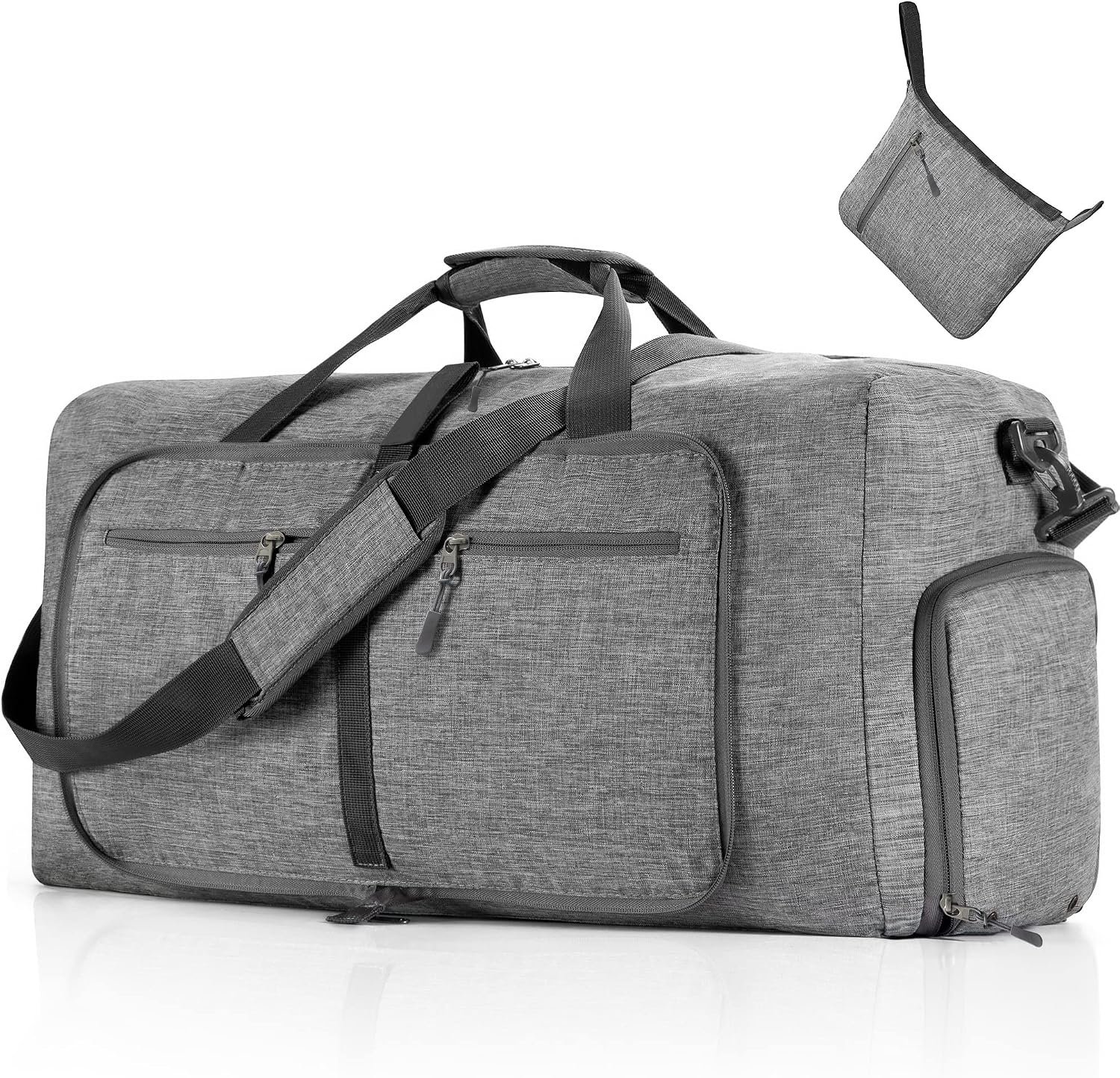 Vomgomfom 65L/85L/115L Foldable Travel Duffle Bag with Shoe Compartment | Tear-Resistant 600D Polyester, Only 1.06 lb, Folds Into Compact Pouch, 5 Zip Pockets, Trolley Sleeve, Gym & Weekend Ready