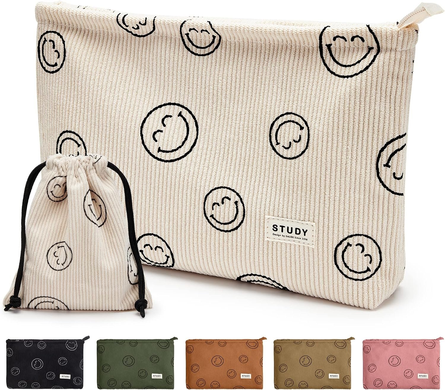 WLLWOO 2pcs Makeup Bag Smile Face Corduroy Cosmetic Pouch for Women Purse